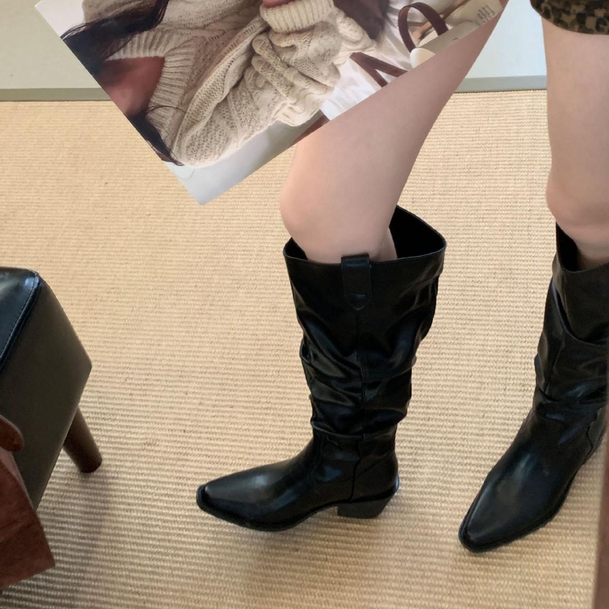 

2025 new summer round head tall tube thin thick heel knight women s boots pleated Martin women s boots 39 чёрный