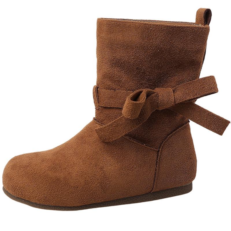 Fashion retro style bow short boots women's autumn and winter design sense lace-up single boots with skirt solid color Martin boots