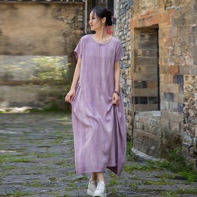 Women Vintage Dresses Chinese Style O-Neck Short Sleeve Cloths Summer Tie-dye Long Dress