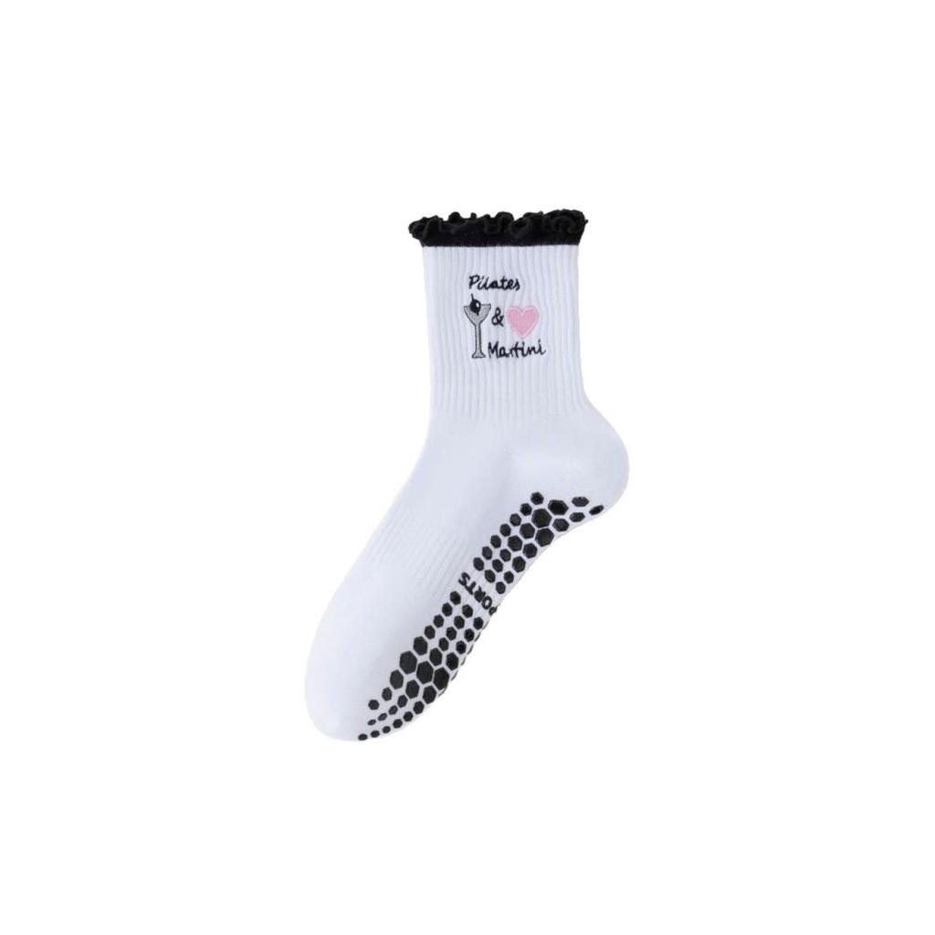 Women's Non-Slip Wood Ear Lace Yoga Socks - Mid-Calf Cotton Pilates/Fitness Socks