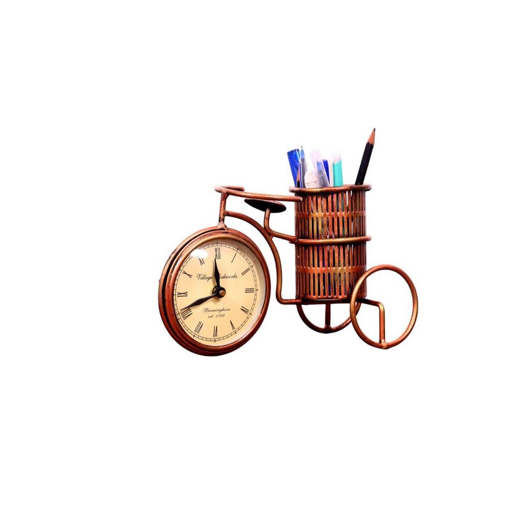Pen Stand for Office Table Iron Antique Cycle Shaped Vintage Pen Holder with Clock Stylish Pencil Holder for Office and Home Decoration