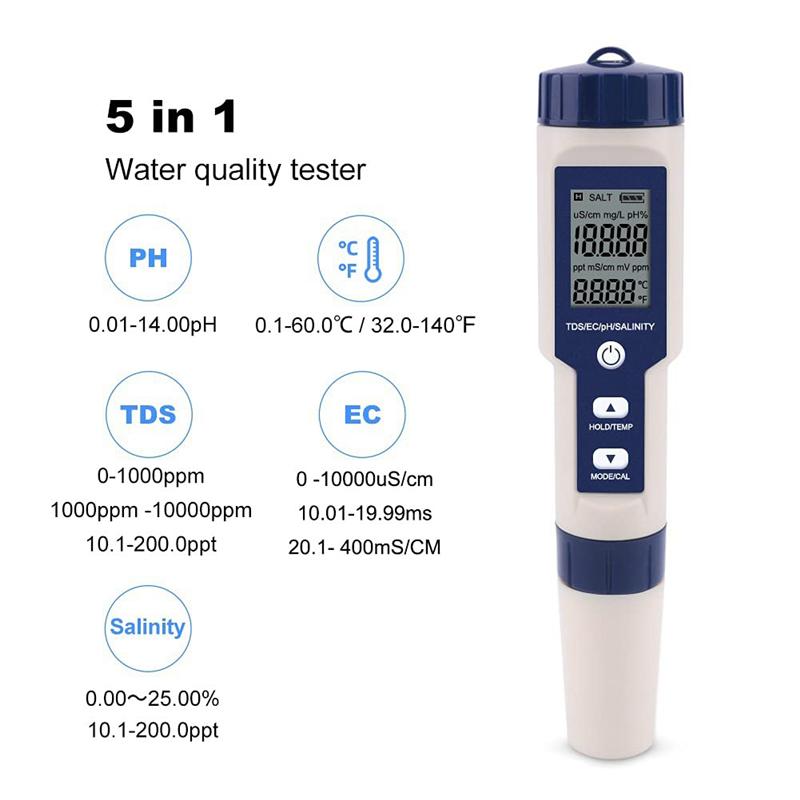 A25F-Five-In-One Water Quality Detector Test Pen EZ9909PH For PH, Salinity, Temperature, TDS, And EC