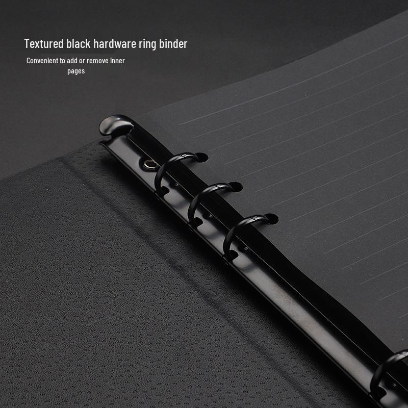 Minimalist Black A5 PU Leather Loose-Leaf Notebook with Black Card Paper Inner Pages
