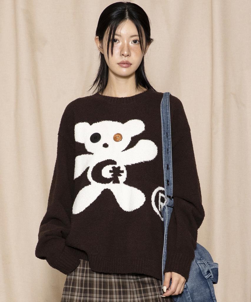 GLACK Gnt073 Button Bear Boucle Pullover Knit (Brown)