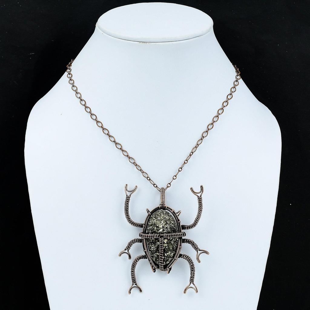 Golden Druzy Gemstone Pendant Copper Wire Wrapped Pendant Unique Copper Design Jewelry Handmade Beetle Pendant Wire Wrapped Jewelry For Gift