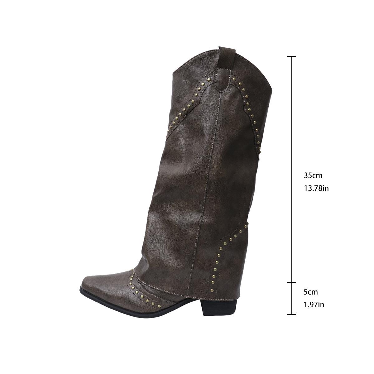 

Fashion New retro-style rivet high-top western cowboy boots, women s long mid-heel pointed-toe hooded knight boots, long boots 35