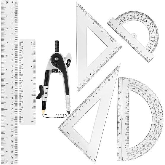 Zonon 1 Set Plastic Geometry Math Set 7 Pcs Includes 6'' / 4 '' Protractor, Drawing Compass, 45/60 Degree Triangle Rulers, 12'' / 6'' Math Ruler