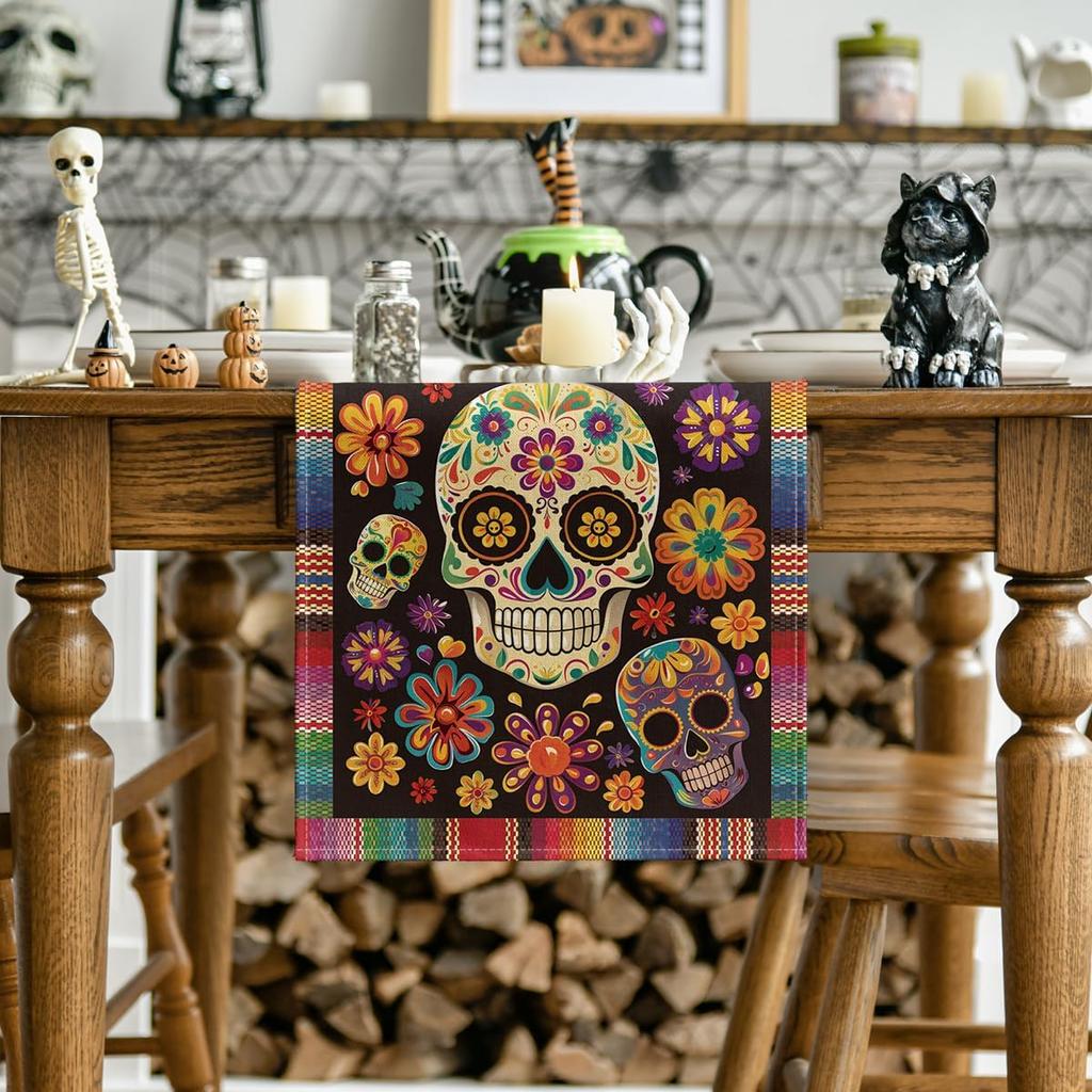 Artoid Mode Flowers Sugar Skull Mexican Day of The Dead Table Runner, Dia De Los Muertos Kitchen Dining Table Decoration for Home Party Decor 13x72