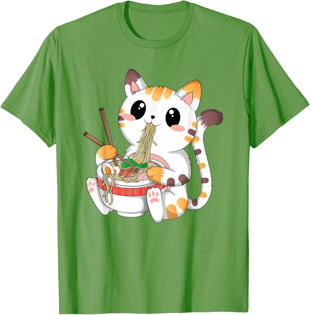 Cute Ramen Eating Kawaii Cat Graphic Tee Anime Neko Lovers Casual Cotton T-Shirt
