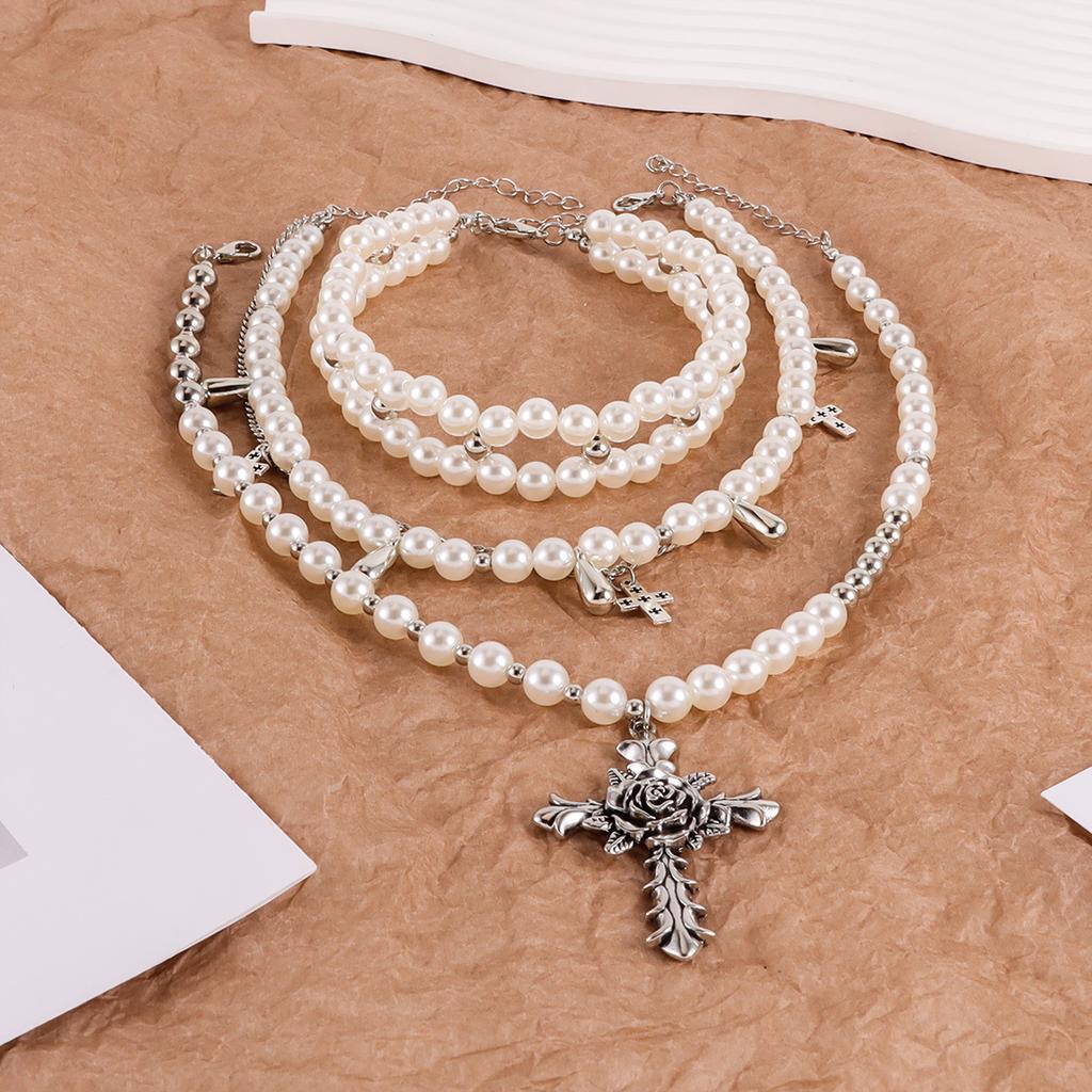 Y2K Accessories Simulation Pearl Cross Choker Necklace for Women Korean Punk Goth Jewelry Accessories