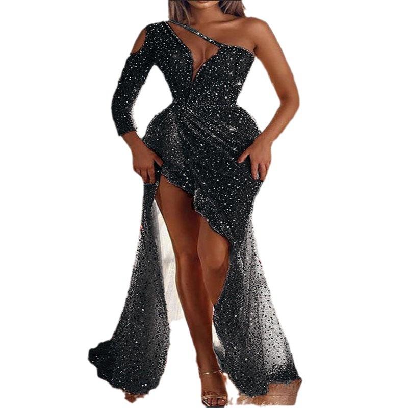 1011 Robe de Soirée Pailletée Manches Longues Fente Haute Sexy Qualité Fête Célébrité Rêve