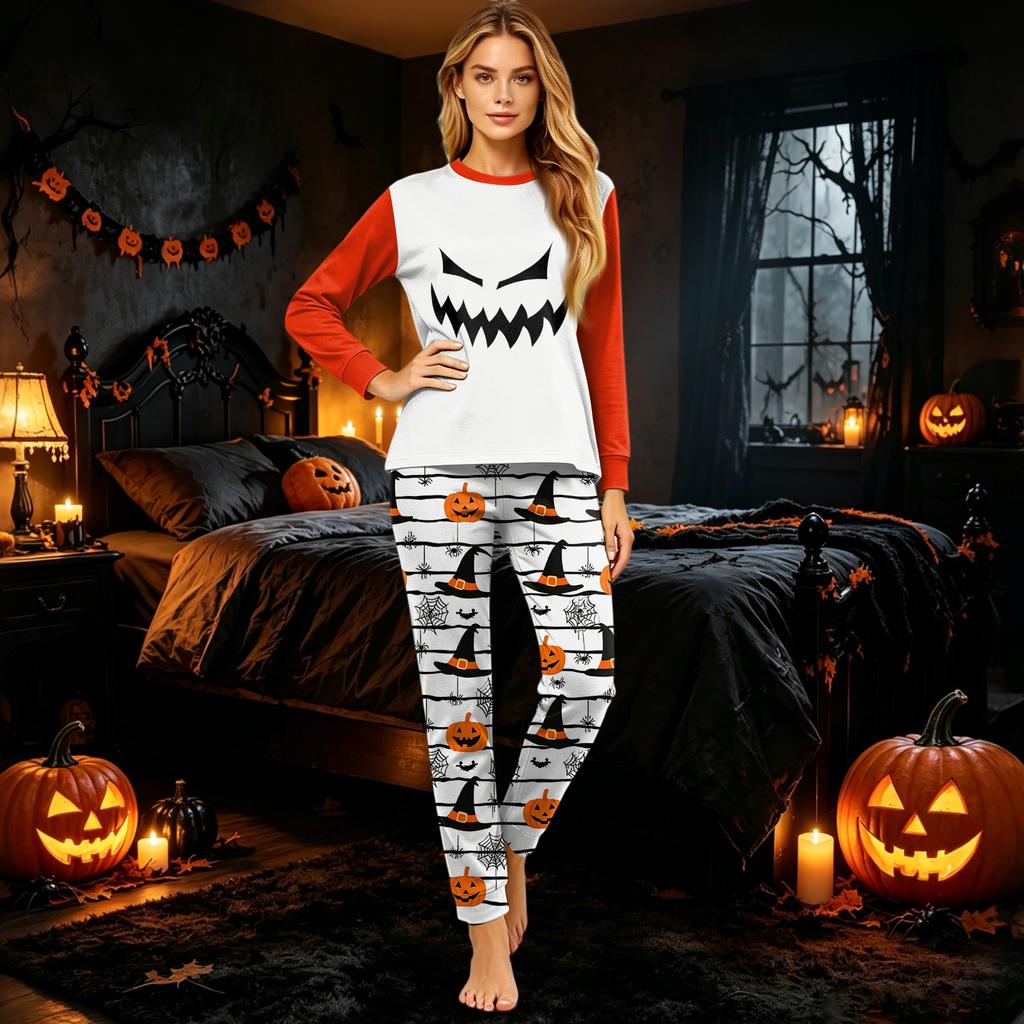 Family Matching Halloween Pajama Set Long Sleeve Top and Pants with Print for Adults and Kids