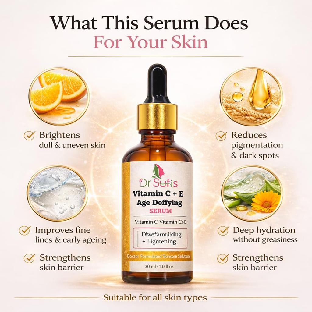 Vitamin C + E Age-Defying Face Serum with Ferulic Acid & Hyaluronic Acid - Advanced Brightening, Anti-Aging & Deep Hydration Formula for Even-Toned