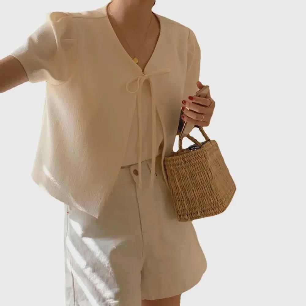 Dongdaemun Korean Bow Jacket: Elegant Short-Sleeved, Gentle Forest Style
