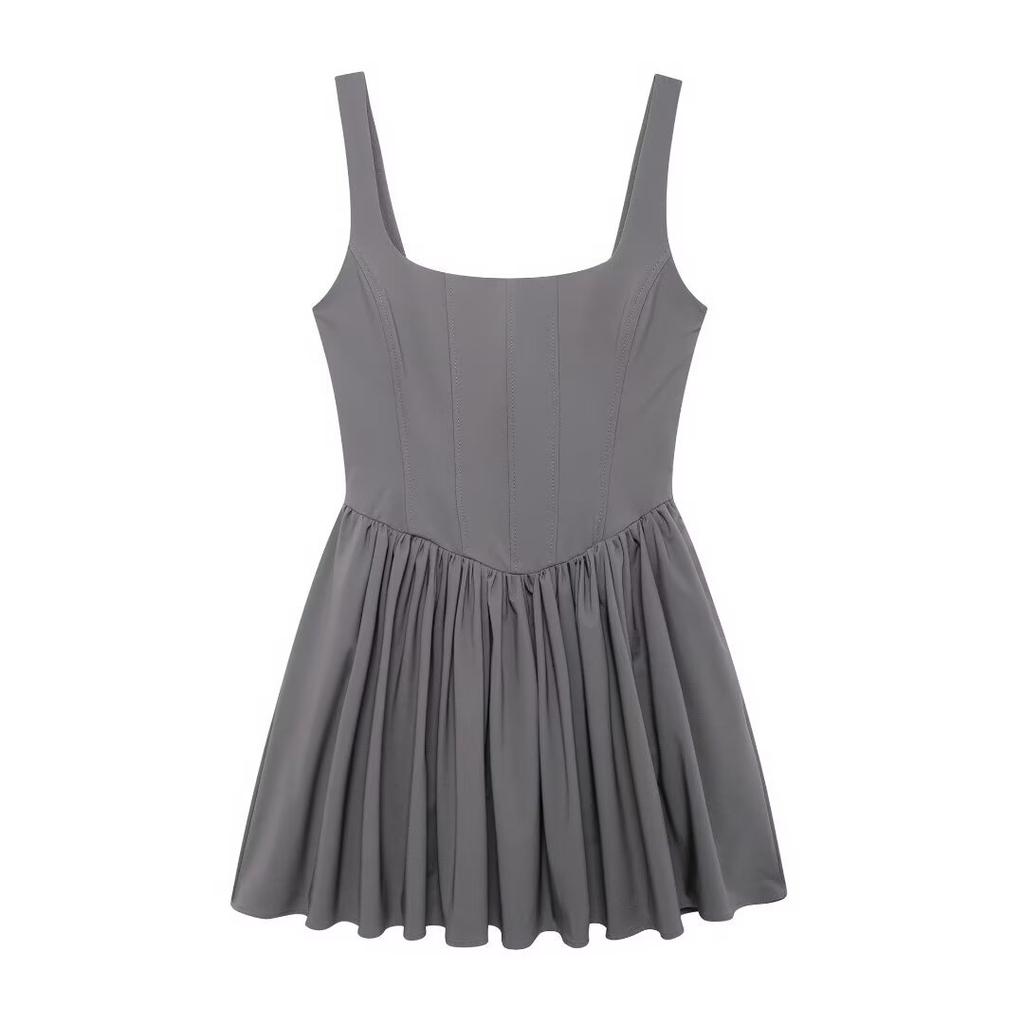 European and American style autumn new solid color sleeveless suspender waist short dress