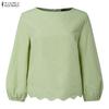 Women Casual Round Neck Solid Color 3/4 Sleeve Blouse