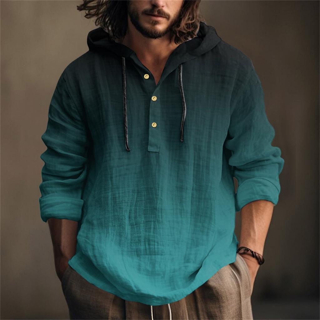 Printed Men's Cotton And Linen Shirt Hooded Long-sleeved Hooded Spring And Summer Casual Daily Wear