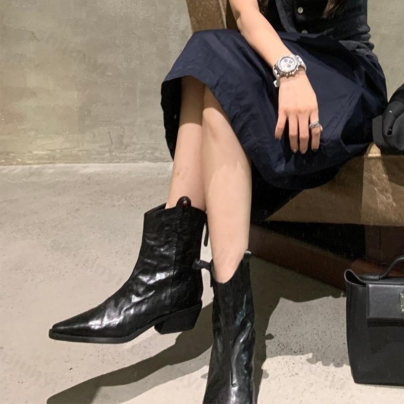 Women's Ankle Boots 2026 Autumn Pointed Toe Short Boots Women Fashion Crumpled V-Notch Chunky Heel Pu Leather Boots Mujer Botas