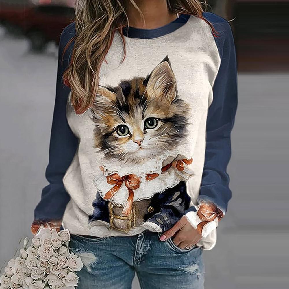 Cotton Long Sleeve T-Shirts For Women Funny Kawaii Cat Animals Print Sweatshirts Female Cute O-Neck Pullover Woman Sweatshirt