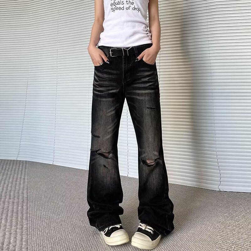 Pantaloni din denim de stradă pentru bărbați, retro distressed, pantaloni largi cu picioare drepte, pantaloni sport cu picioare largi, la modă