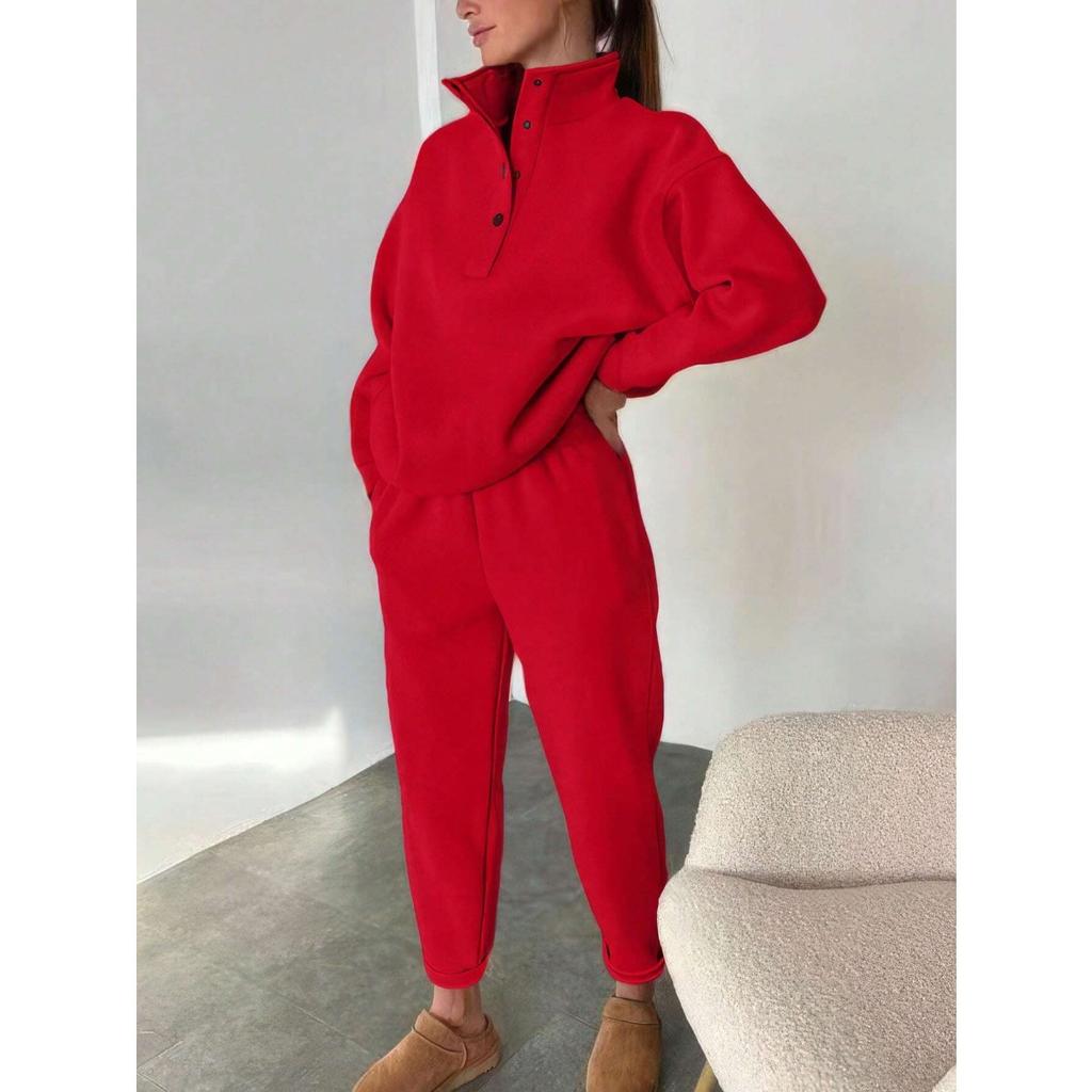 Frühlings- und Herbst-Damenmode, modische Kapuzenpullover mit Knopfleiste und Kragen, lockeres Hosen-Set