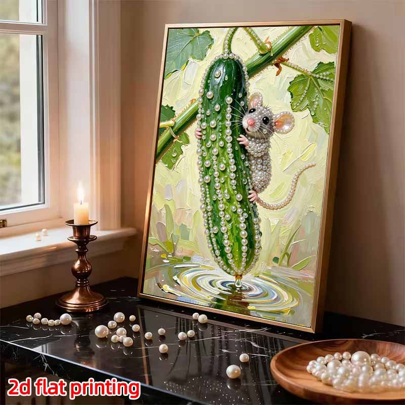 DIY Frameless Pearl Painting Kit Cute Mouse & Cucumber 3D Shiny Bead Art Canvas Relaxing Creative Craft for Home Wall Decor Gift