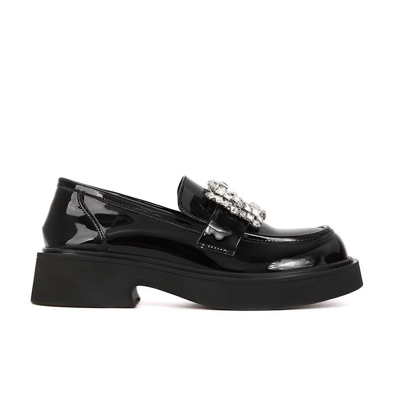 

Версия из высококачественной коровьей кожи~ лоферы с круглым носком, стразами, квадратной пряжкой, толстой подошвой и толстым каблуком, женские туфли из маленькой кожи 40