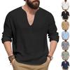 Mens Linen Shirts Loose Fit Long Sleeve  T Shirt Solid V Neck Hippie Yoga Pullover