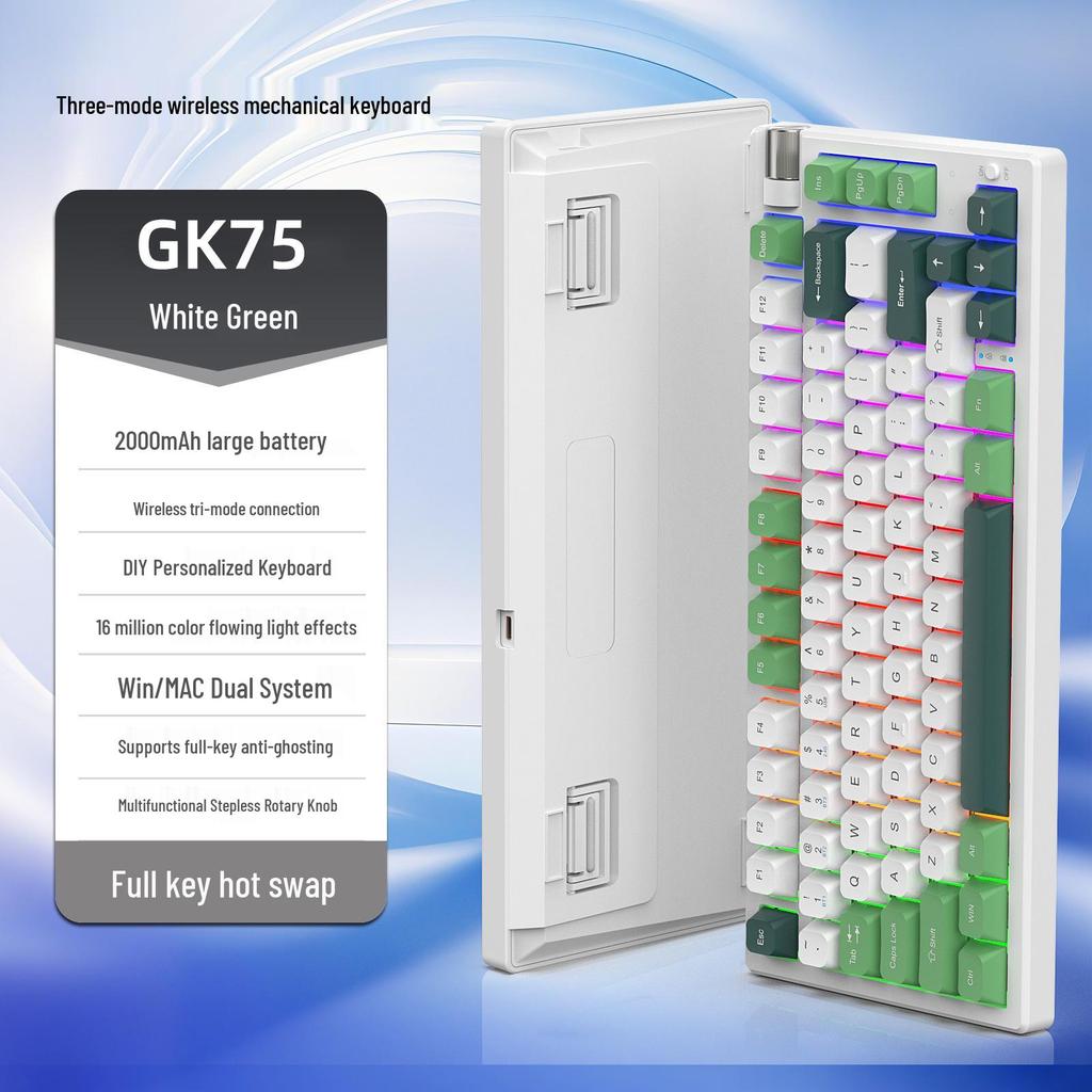 Three-Mode Wireless Mechanical Keyboard - GK75 Hot-Swappable, E-sports Gaming, Blue/Red Switch