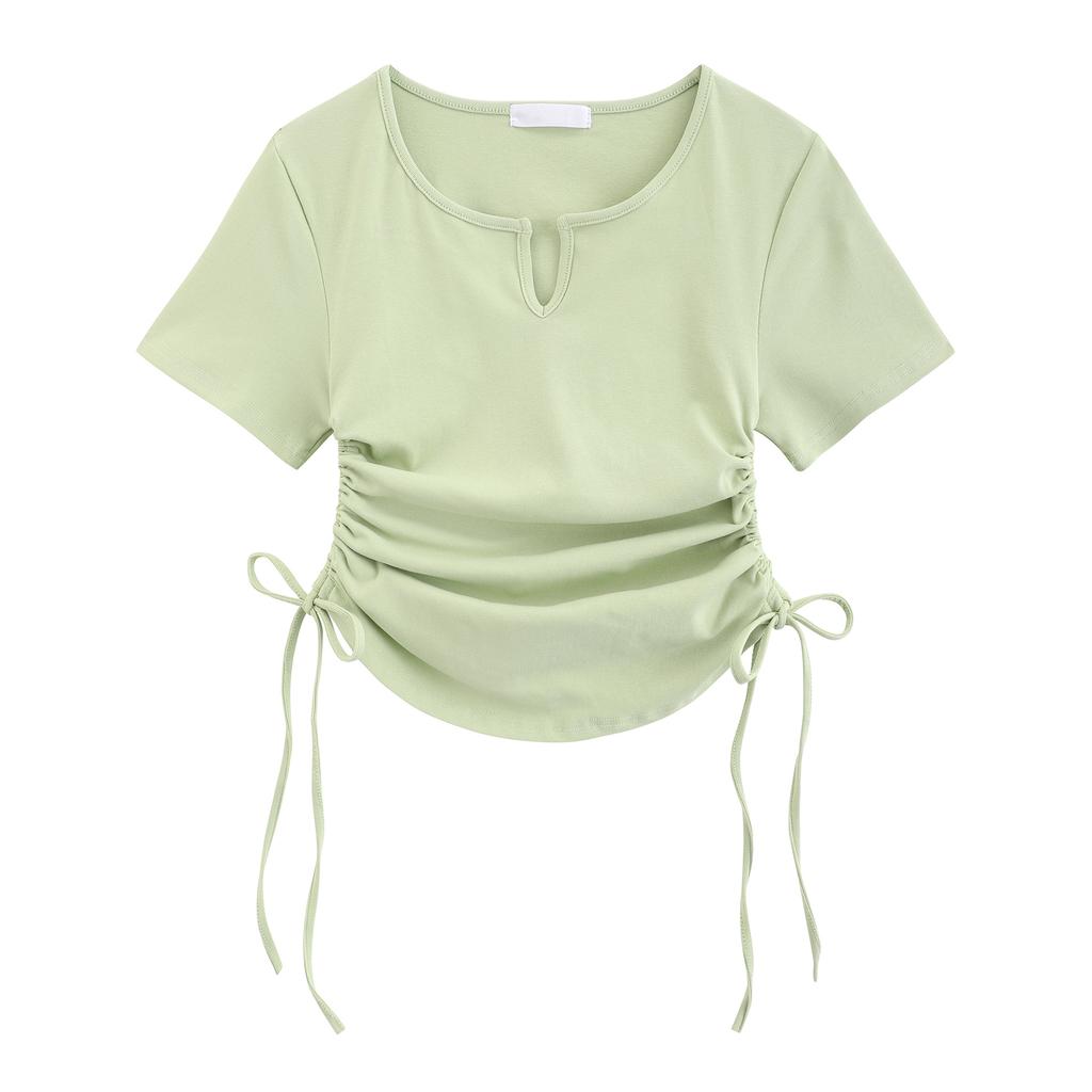 Design-sensual Drawstring Slim Short-sleeved T-shirt with Waist-exposed Sweet and Spicy Style Women's Summer New Sweet Shoulder Top