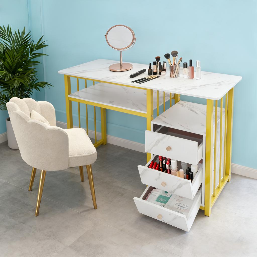 Marbling Texture Manicure Desk with 3 Drawers, Sturdy Manicure Table for Nail Salon Home Use, Nail Desk with Spacious Tabletop