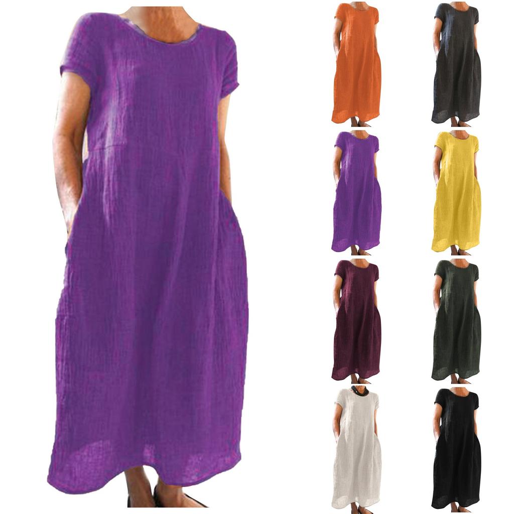 Women's Summer Fashion Casual Solid Color Short-sleeved Round Neck Pocket Loose Cotton And Linen Dress