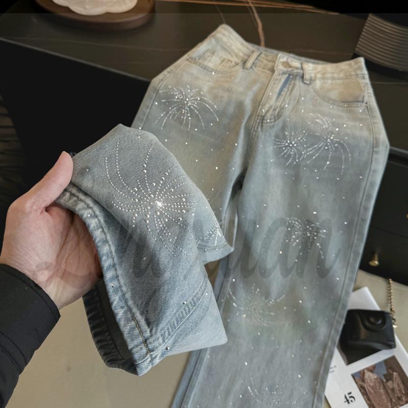 

Women s High Waist Shiny Sequin Denim Pants - Spring Design, Straight Wide Leg, Loose Fit XL