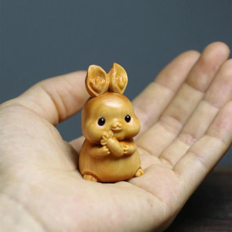 Chinese Zodiac Wood Carving: Radish Rabbit Pendant & Desktop Ornament