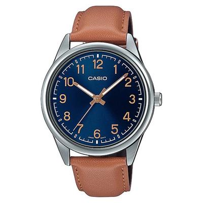 Men's Leather Band Wrist Watch MTP-V005L-2B4U
