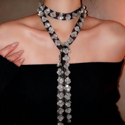 Temperament Personality Organza Sequined Flower Choker Necklace for Women Fashion Long Scarf Necklace Designer Jewelry Accessory