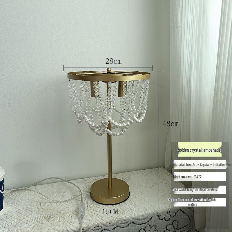 

French Minimalist Princess Style Crystal Pearl Bedside Table Lamp