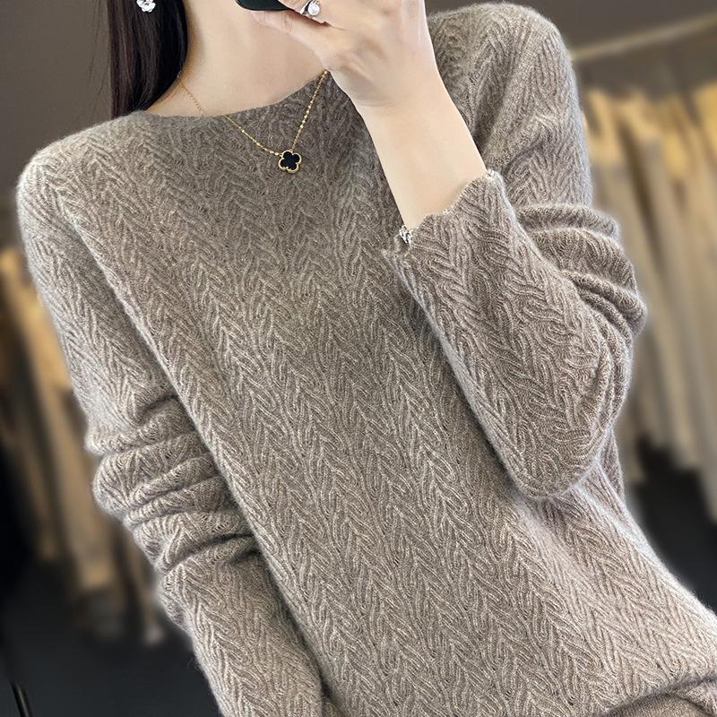 Women's 100% Pure Wool Loose Knit Hollow-Out Pullover Sweater