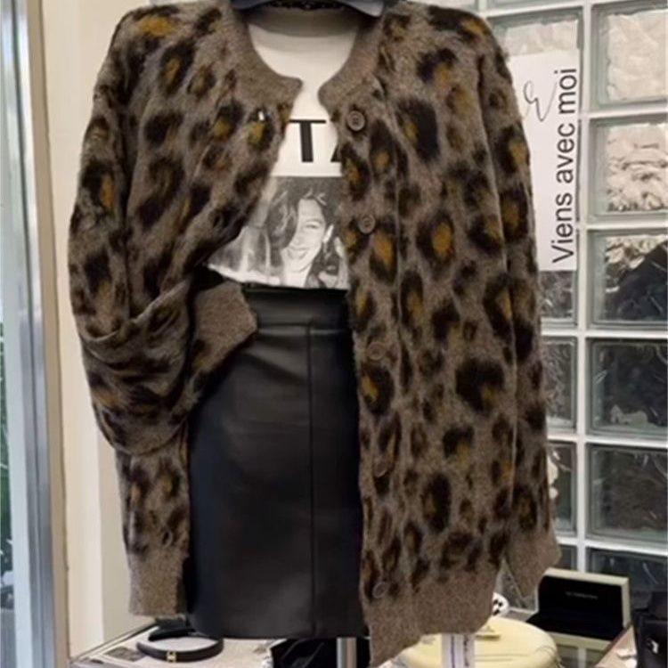 

Женский осенний вязаный кардиган с леопардовым принтом - Ретро свитер свободного кроя XL