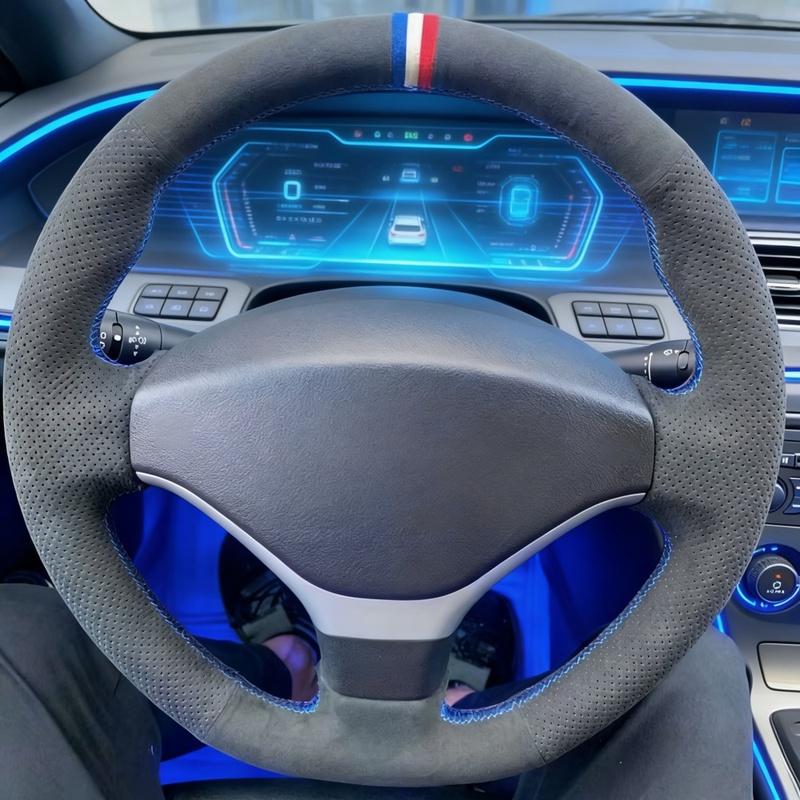 DIY Car Steering Wheel Cover 308 3008 408 508 301 307 2008 Car Interior Suede Steering Wrap Cover For Peugeot 308 Black Thread