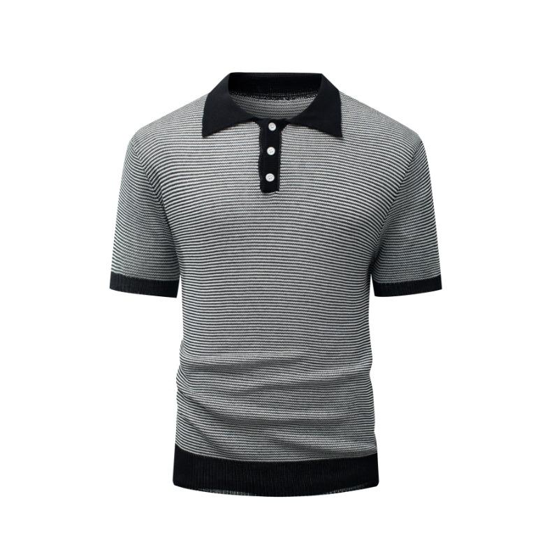 Men s Black White Thin Stripe Contrast Collar Short Sleeve Knit Polo Shirt S серый