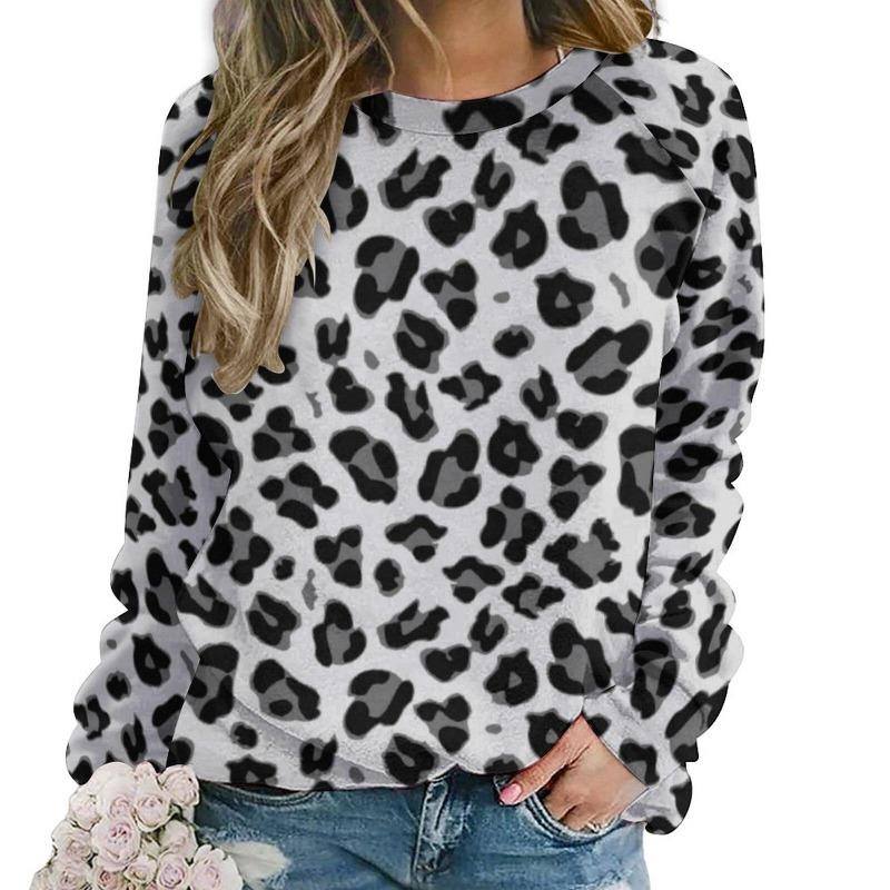 Moda Leopardo Camisetas Femininas Outono Manga Longa Camiseta Tops Gola O Regular Casual Solto Gola O Roupas Femininas Pulôver
