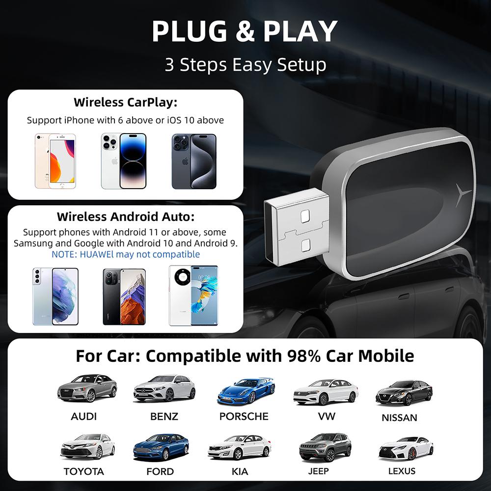 2in1 Wireless Carplay&Android Auto Box 2in1 Wired To Wireless Dongle Automatic Connect Adapter Bluetooth Plug&Play Mini Box