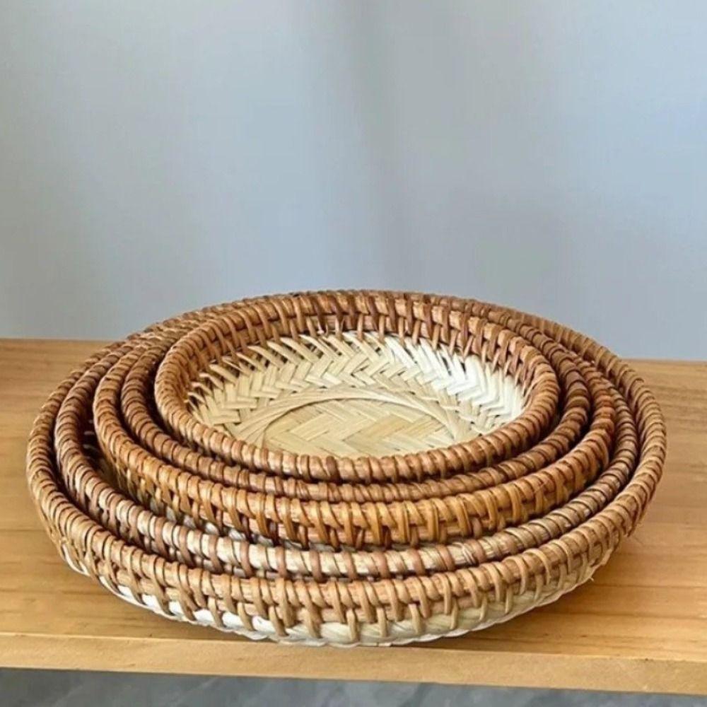 Multi-purpose 5 Sizes Bamboo Fruit Basket Handmade Brown Beige Color Snack Basket Round Shape Fruit Display Platter