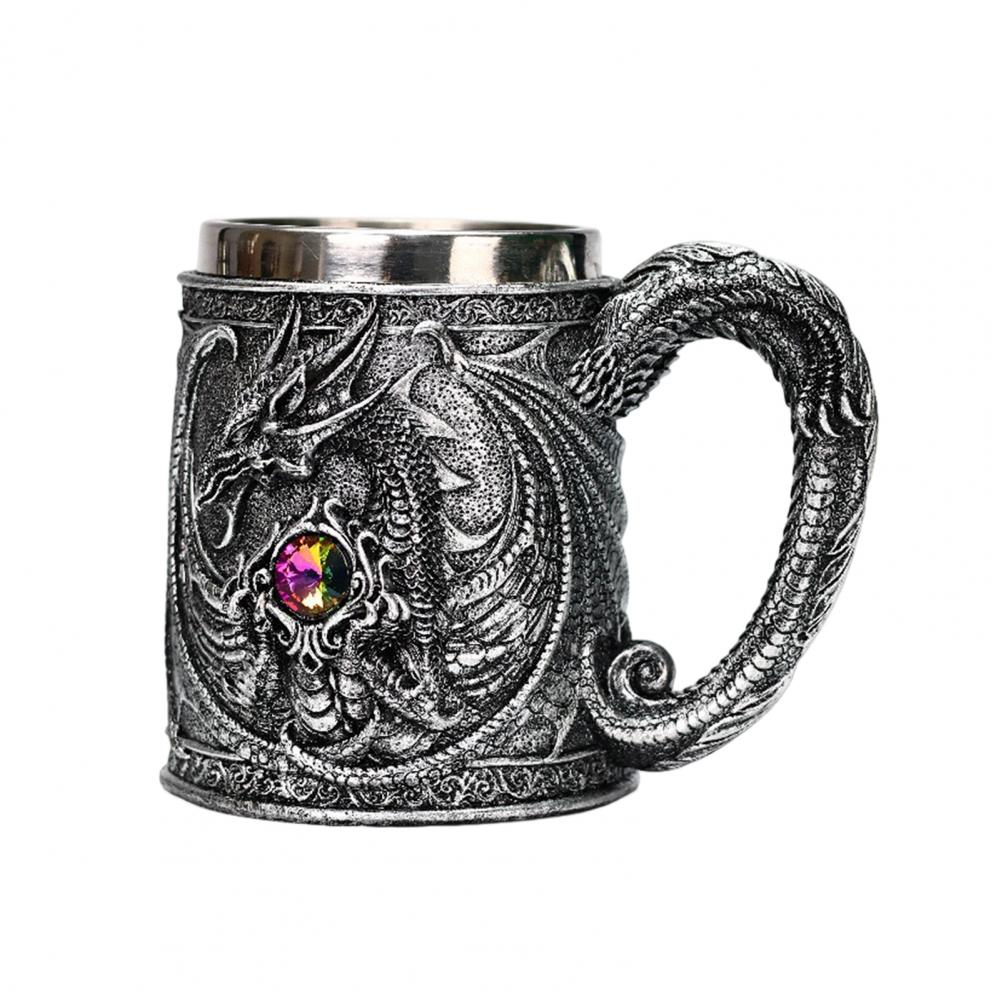 Unique Dragon Wine Tumbler Mythical Dragon Drinkware Dragon Resin Stainless Steel Beer Mug 600ml Retro Tankard for Fantasy