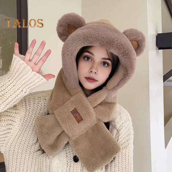 Women Winter Integrated Hat And Scarf Thick Fleece Warm Cartoon Fox Ear Decor Windproof Full Protection Outdoor Travel Cold Weather Snowboarding