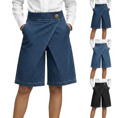 Womens High Waist Denim Bermuda Shorts Asymmetrical Front Wrap Design Knee Length Relaxed Fit Casual Shorts with Pockets