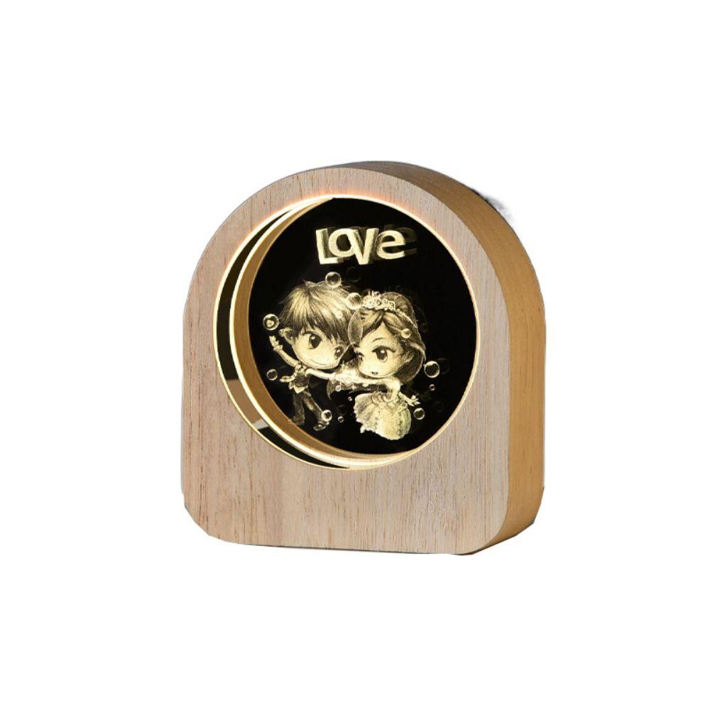 Warm Lights 3D Engraved Lamp Wooden Base Plug and Play Wood Crystal Night Light Decorative Laser Engraved