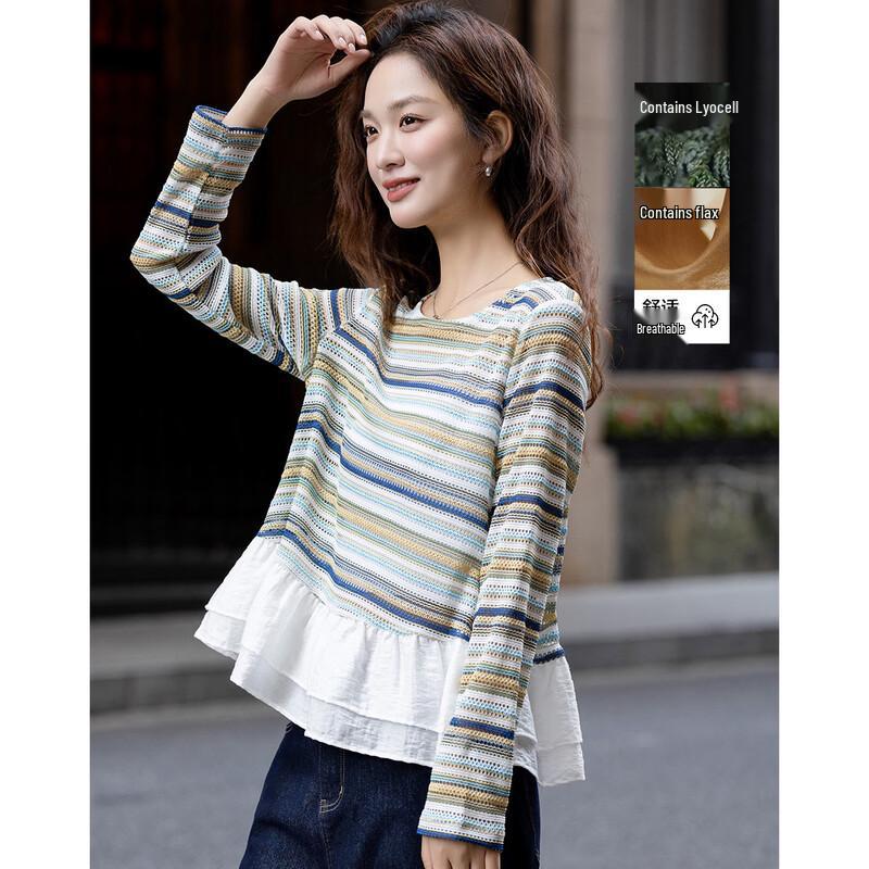 Demana Women s Spring Striped Color-Block T-Shirt L