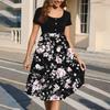 Fashion Women Summer Vintage Floral Dress Elegant Short Sleeve Midi Dress